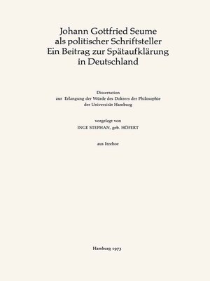 cover image of Johann Gottfried Seume als politischer Schriftsteller Ein Beitrag zur Spätaufklärung in Deutschland